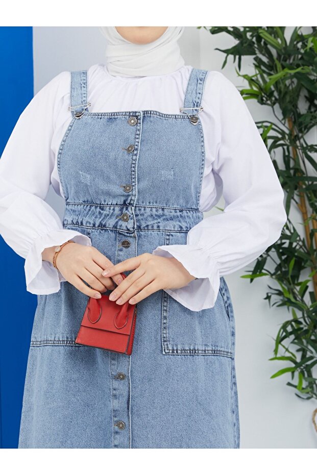 Kadın Mavi Elbise Kot Salopet - 7