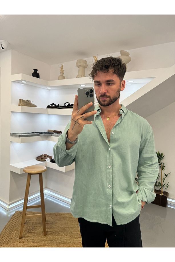 Mint Oversize Krinkıl Keten Gömlek - 2