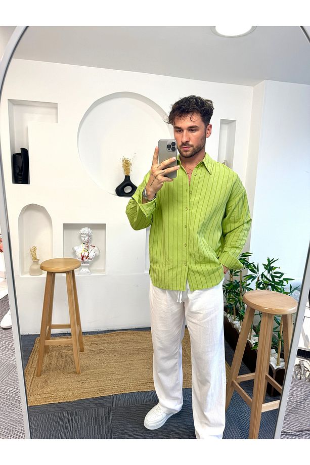 Yeşil Şeritli Oversize Giesto Gömlek - 2
