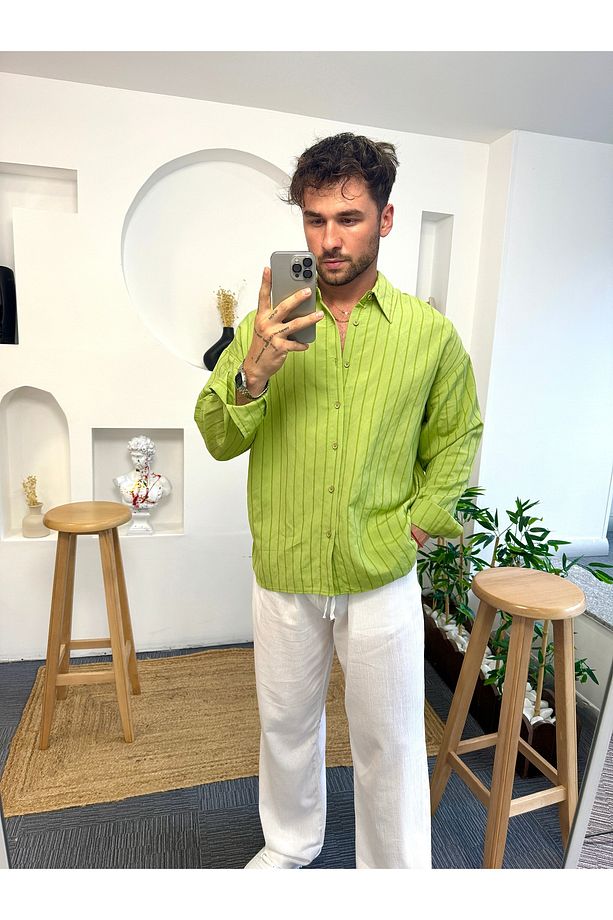 Yeşil Şeritli Oversize Giesto Gömlek - 3