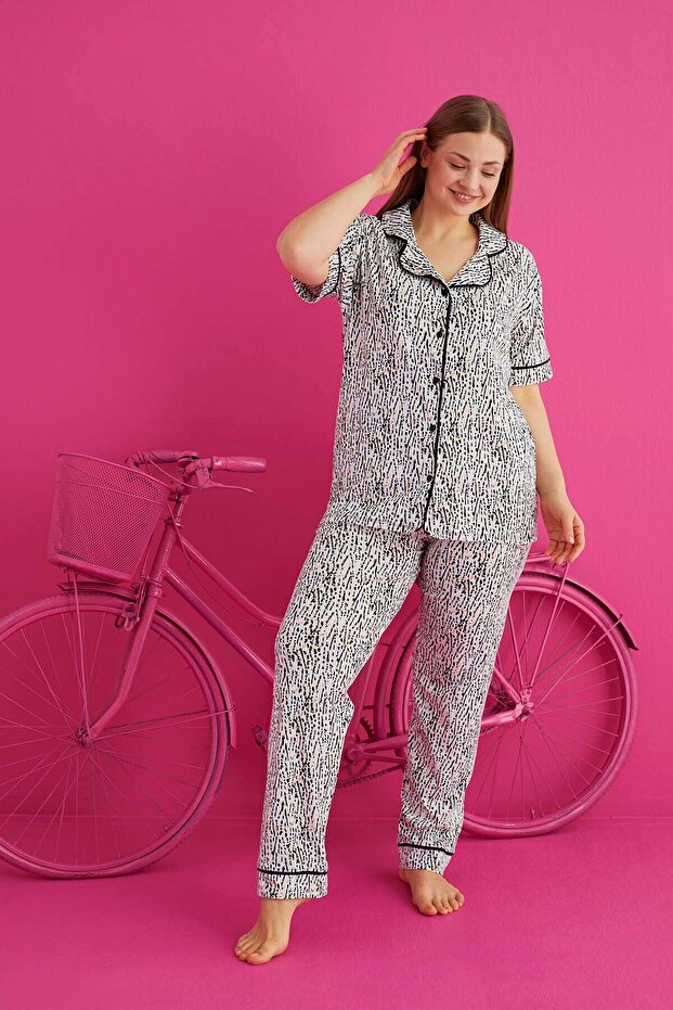 PAMUKLU LİKRALI BATTAL DÜĞMELİ PİJAMA TAKIM - 2