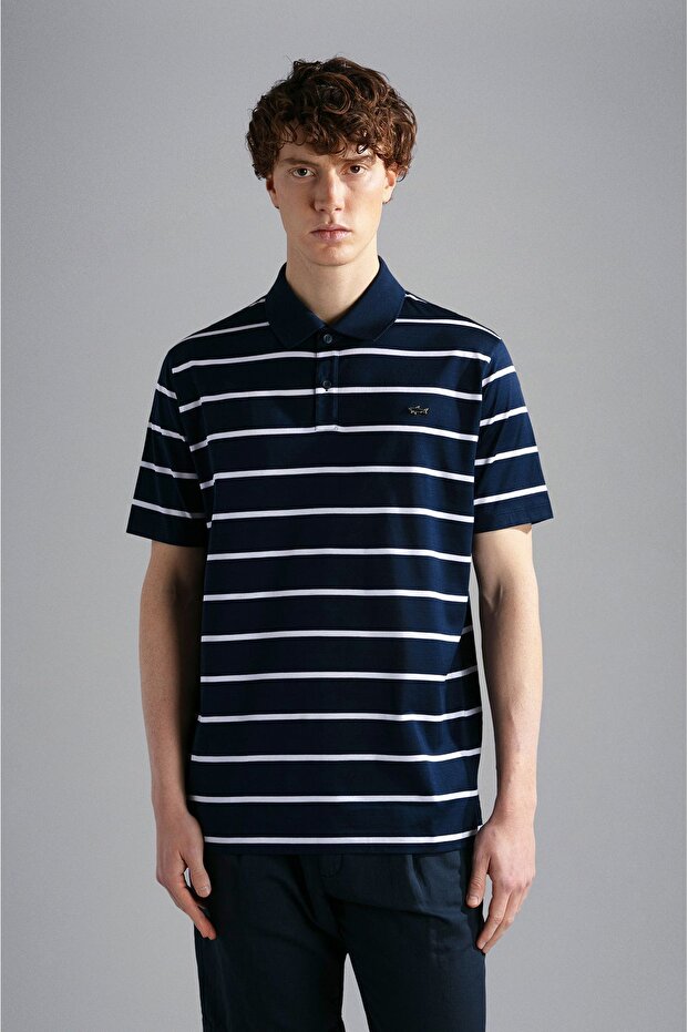 Men's Cotton Polo Collar Button Closure Short Sleeve Blue-White Polo Collar T-Shirt24411302-245