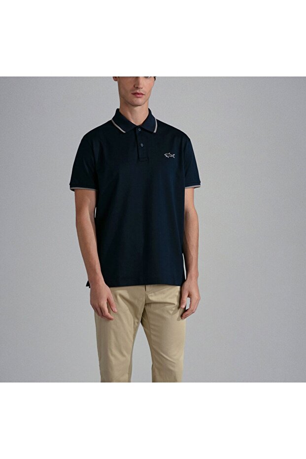Men's Cotton Polo Collar Button Closure Short Sleeve Navy Blue Polo Collar T-Shirt24411327-013