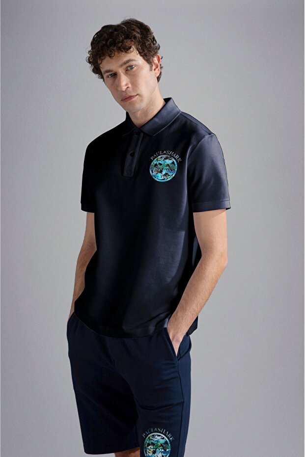 Men's Cotton Polo Collar Button Closure Short Sleeve Blue Polo Collar T-Shirt24411352-013
