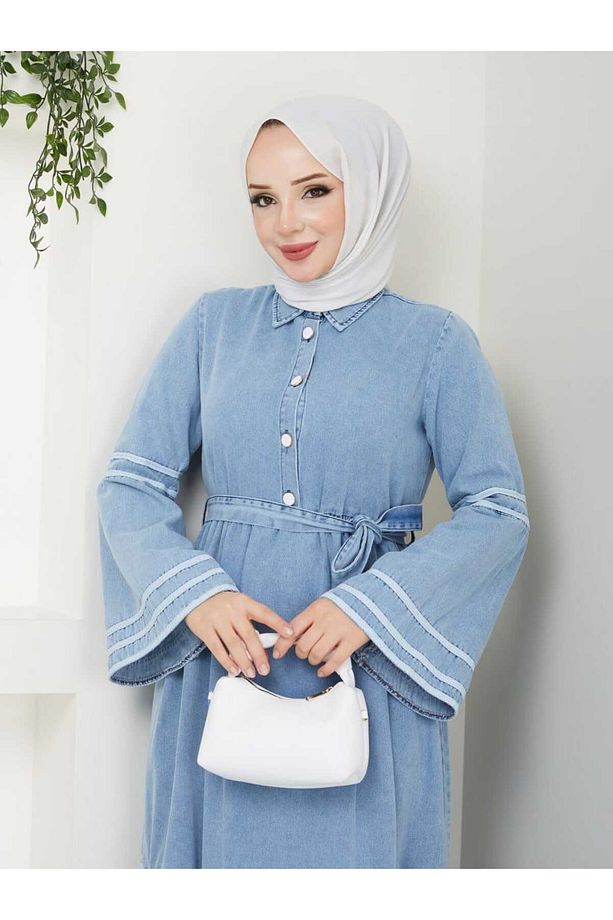 şeritli  denim tesettür elbise - 2