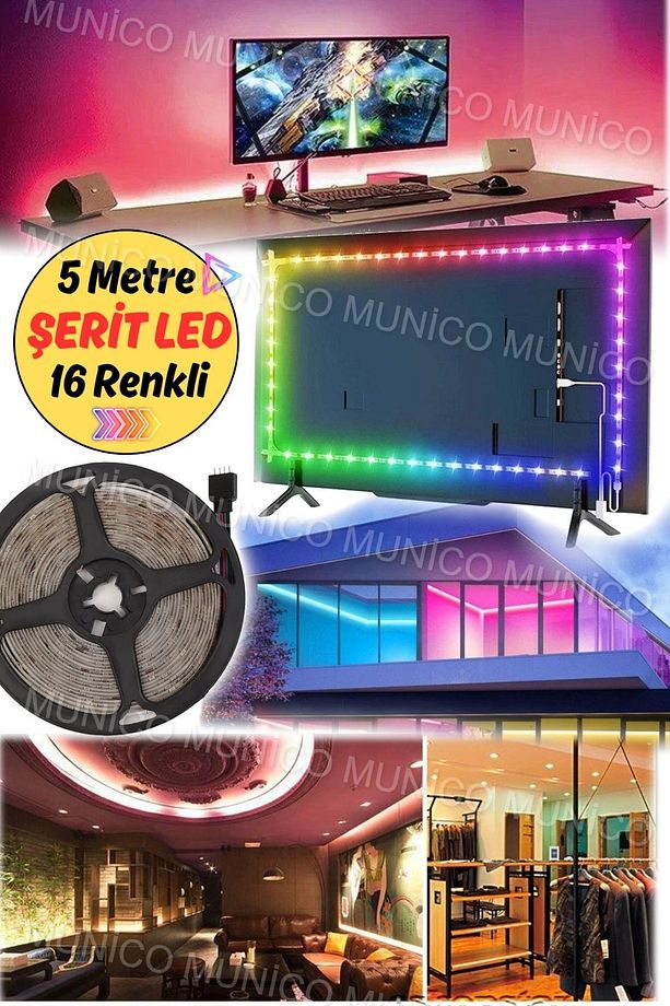 5 Metre Kaliteli Profesyonel Şerit Led Yapışkanlı Bar Restorant Araba Aydınlatma 16 Renkli Kaliteli - 2