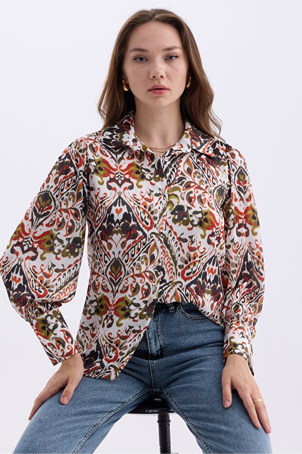 Women's Ethnic Patterned Oversize Satin Shirt with Balloon Sleeves and Shoulder Shirts