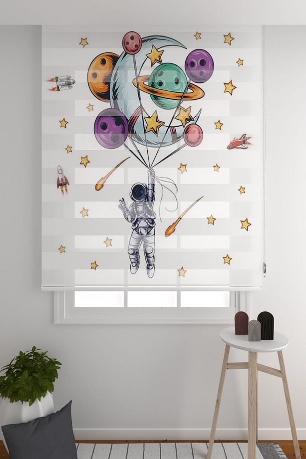 Zebra Perde Astronut Ve Gezegenler Desenli Çocuk Odası Zebra Perde Baskılı Zebra Perde - 1
