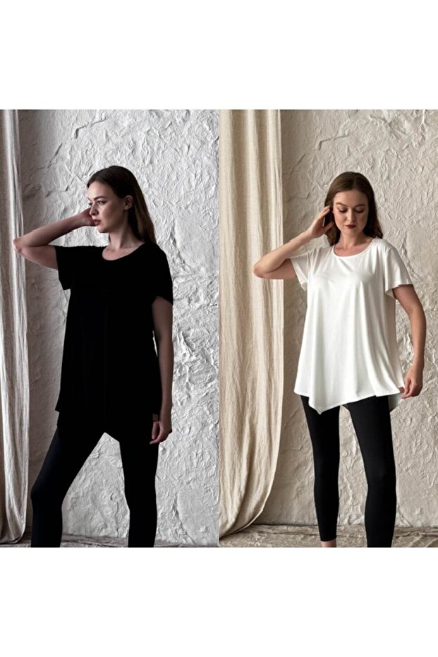 Women's Asymmetrical Cut T-Shirt 2-Pack (Black-White)