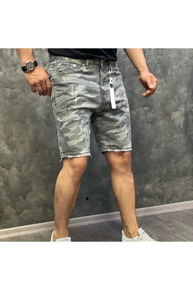 Erkek Gri Kamuflaj Likralı Model Slim Fit Kot Kapri Şort - 1