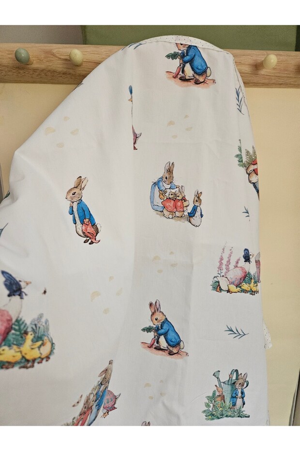 Mavi Peter Rabbit desenli pamuk poplin kumaş, balenli bebek emzirme önlüğü, örtüsü 12 - 2