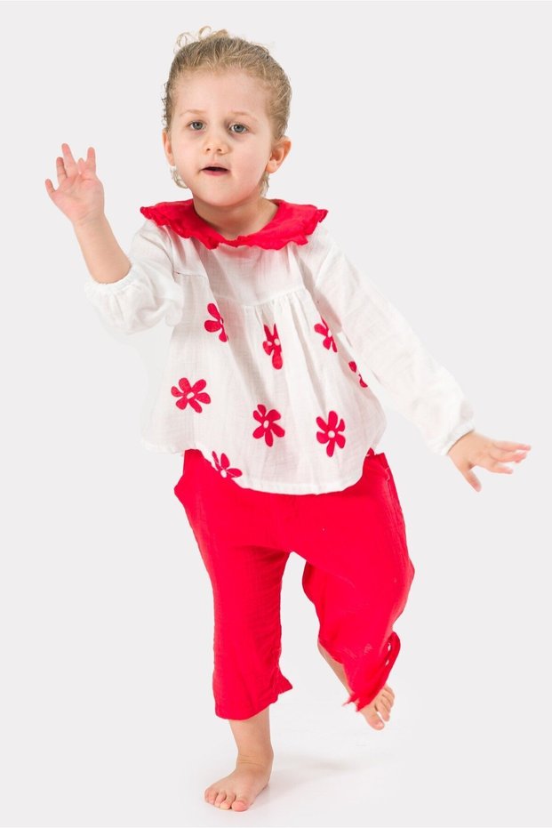 Girl's Long Sleeve Muslin Fabric Floral Printed Muslin Top and Bottom Baby Set