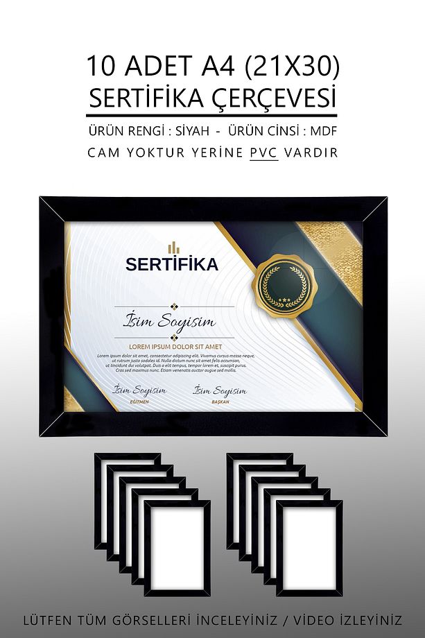 10 Adet A4 Çerçeve - Siyah Çerçeve - Sertifika Çerçevesi - Diploma Çerçeve - 21x30 Çerçeve - Mdf - 1
