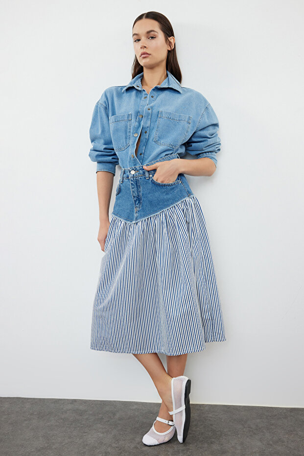 Çok Renkli Çigzili Renk Bloklu Yüksek Bel Midi Denim Etek TWOSS24ET00142 - 4