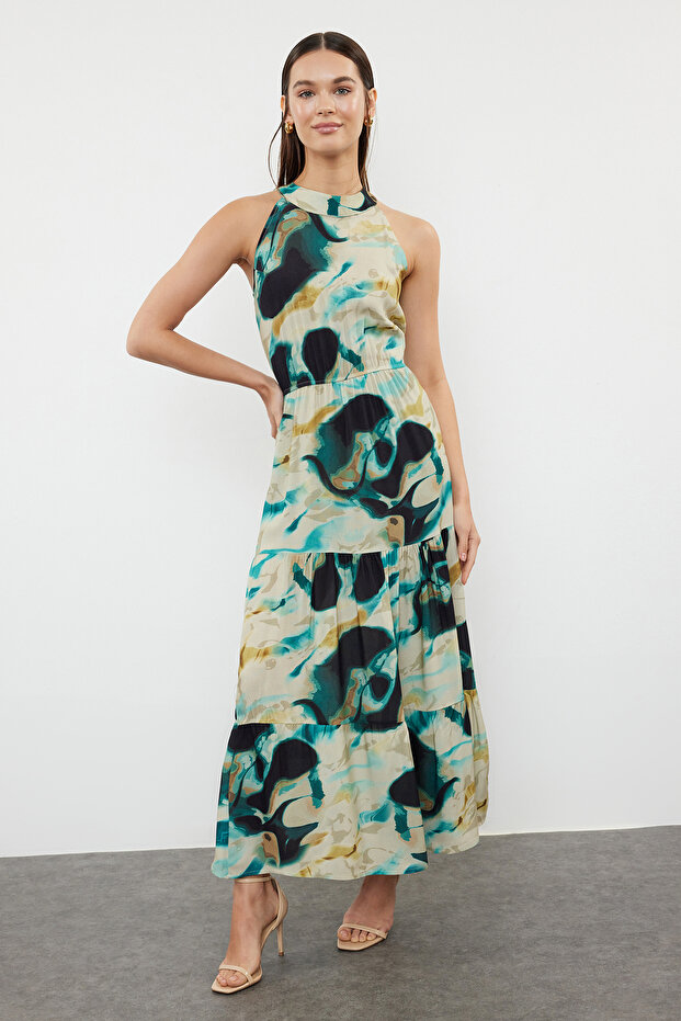 Siyah Soyut Desenli A Kesim Halter Yaka Maxi Dokuma Elbise TWOSS24EL01025 - 2