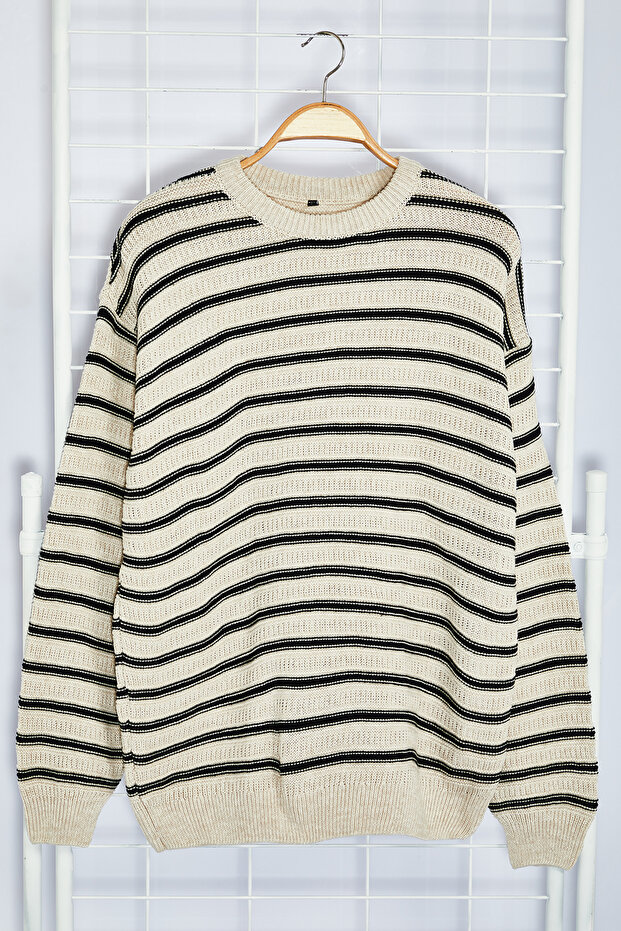 Bej Casual Unisex Bisiklet Yaka Çizgili Triko Kazak TMNAW25KZ00025 - 6