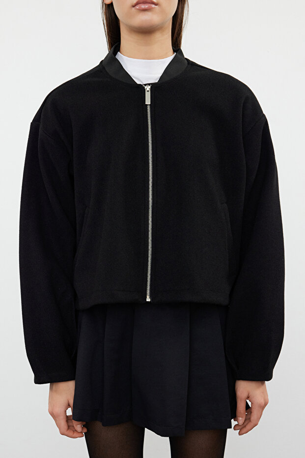 Siyah Oversize Kaşe Bomber Ceket Mont TWOAW25MO00053 - 3