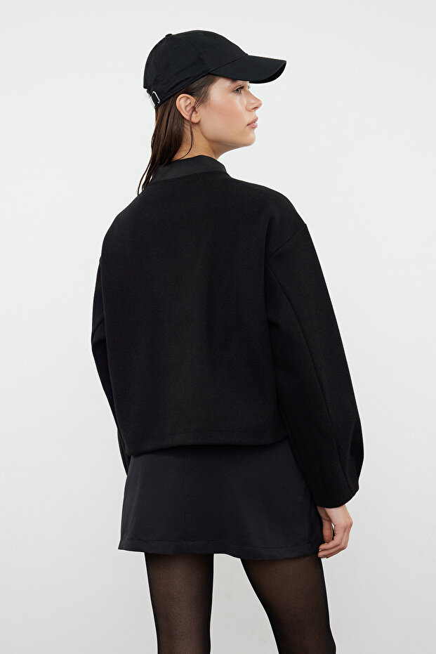 Siyah Oversize Kaşe Bomber Ceket Mont TWOAW25MO00053 - 5