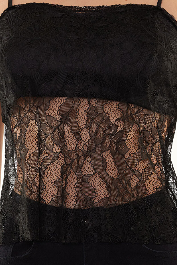 Siyah Örme Dantelli Bluz TPRSS24BZ00020 - 5