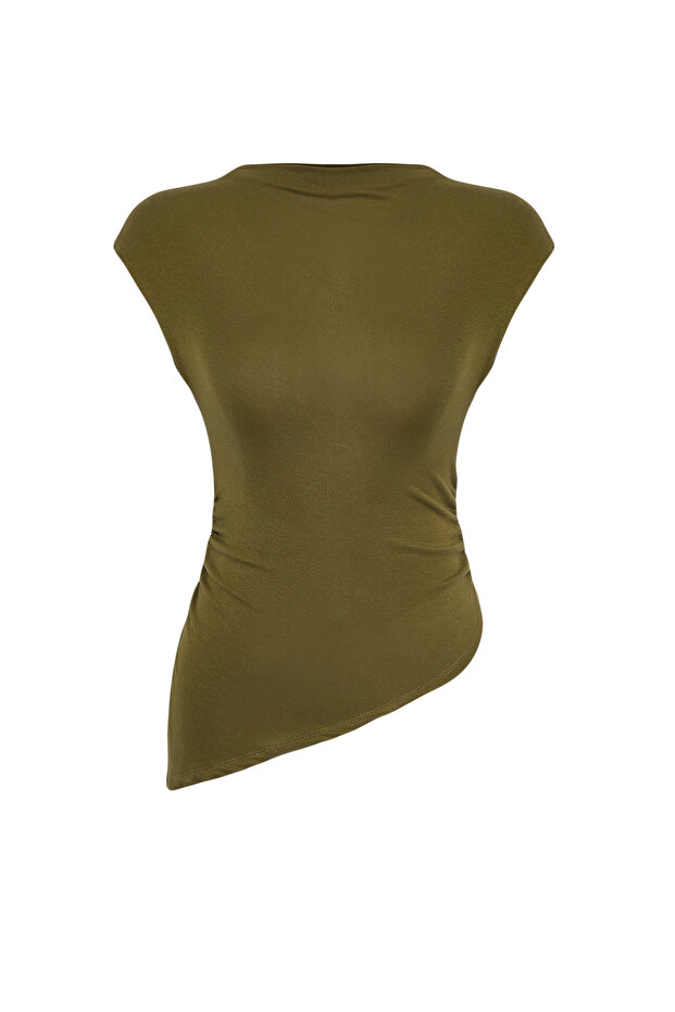 Haki Dik Yaka Büzgü/Drape Detaylı Fitted/Vücuda Oturan Asimetrik Örme Bluz TWOSS24BZ00534 - 6