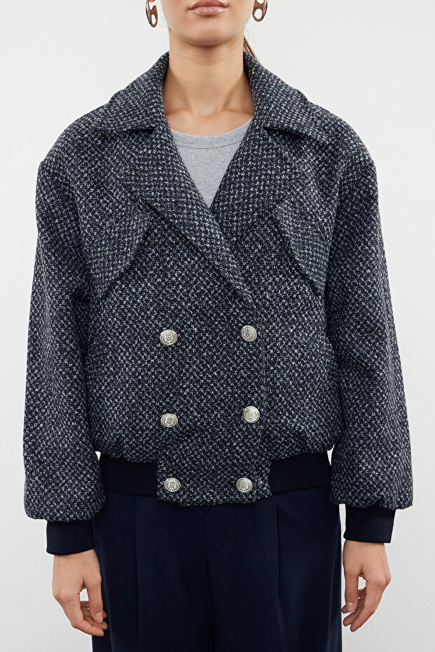 Námořnická modrá oversize prošívaná tweedová bomber bunda - Twoaw25Mo00060 - 3