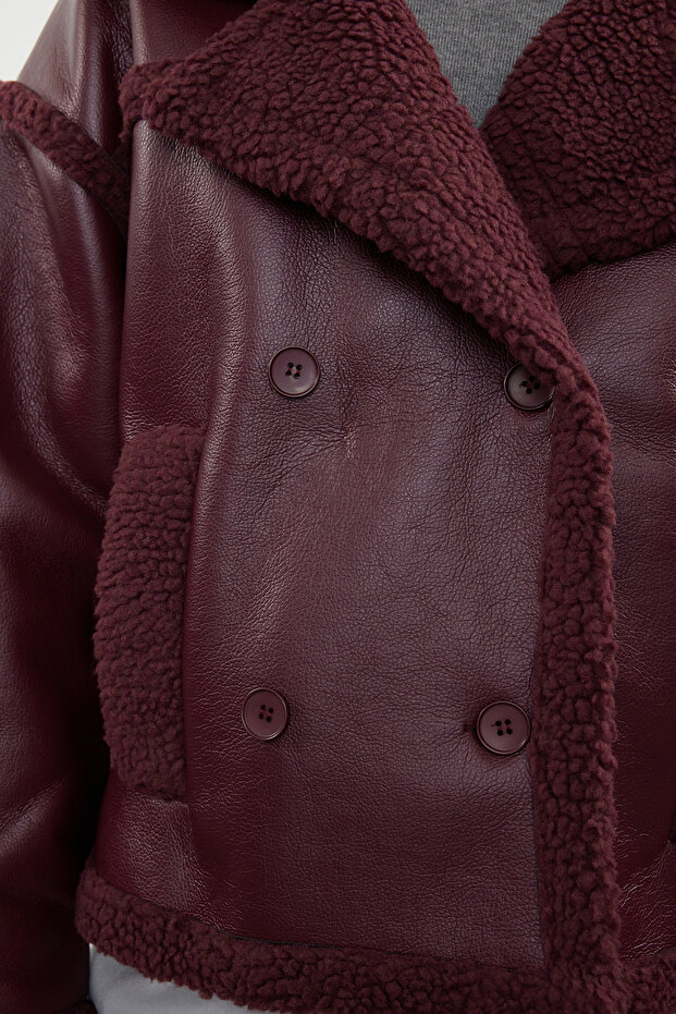 Bordo Peluş Detaylı Suni Deri Biker Ceket Mont TWOAW25MO00066 - 12