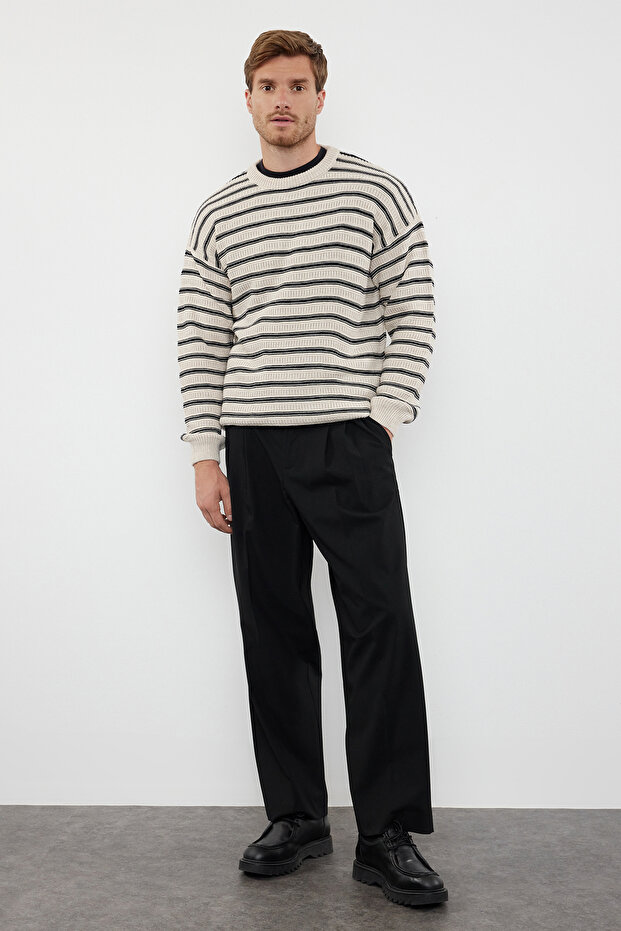 Bej Casual Unisex Bisiklet Yaka Çizgili Triko Kazak TMNAW25KZ00025 - 2