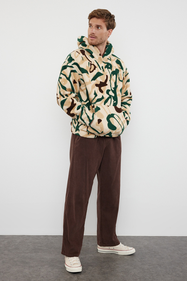 Çok Renkli Unısex Oversize/Geniş Kesim Desenli Polar/Peluş Kapüşonlu Sweatshirt TMNAW25SW00147 - 1