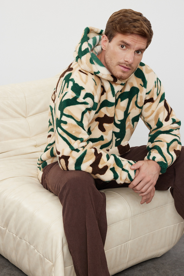 Çok Renkli Unısex Oversize/Geniş Kesim Desenli Polar/Peluş Kapüşonlu Sweatshirt TMNAW25SW00147 - 2