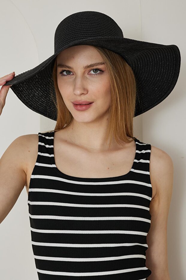 Women's Black Wide Straw Hat - Bronte