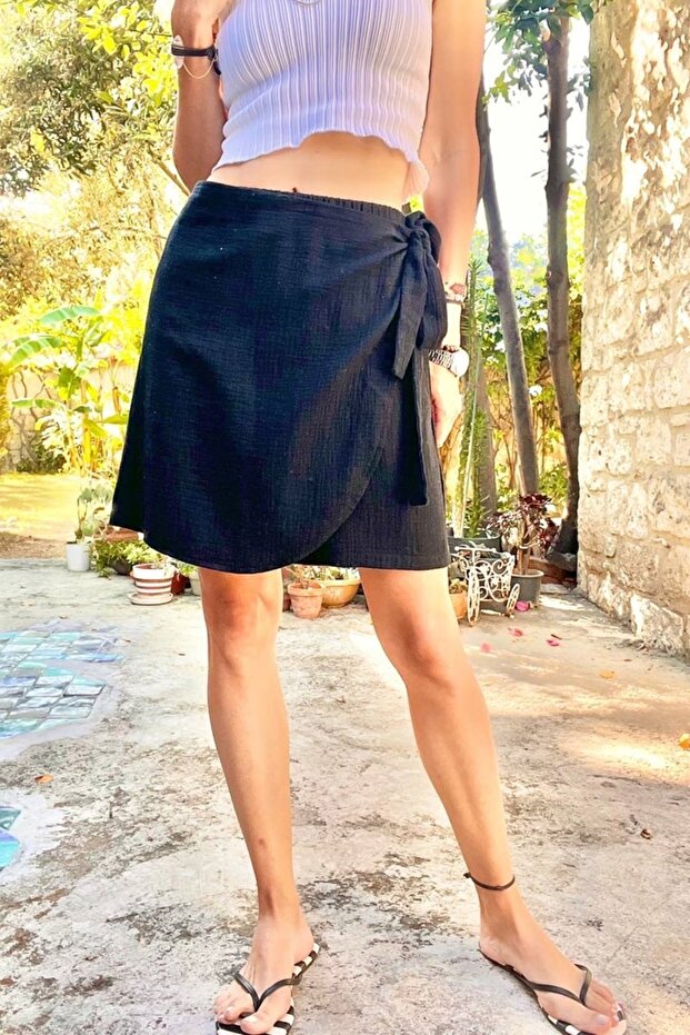 Women's Black Muslin Side-Tie Soft Textured Shorts Skirt Bst-3636Black