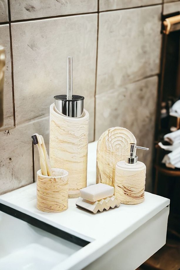 Marble Serisi Bej Beton Banyo Seti Ve Wc Tuvalet Fırçalığı - 3