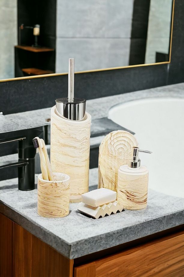 Marble Serisi Bej Beton Banyo Seti Ve Wc Tuvalet Fırçalığı - 4