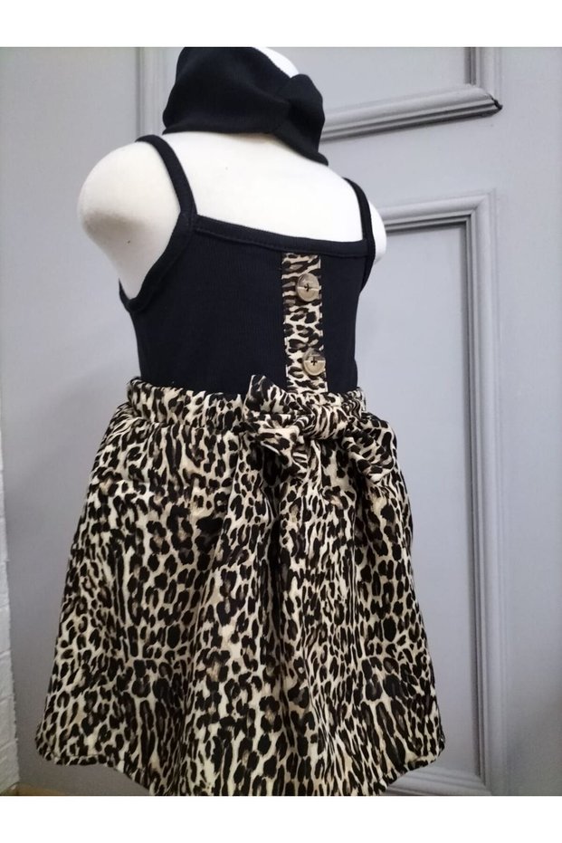 Girl's Viscon Leopard Bow Skirt, Black Camisole Blouse and Bandana 3-Piece Set