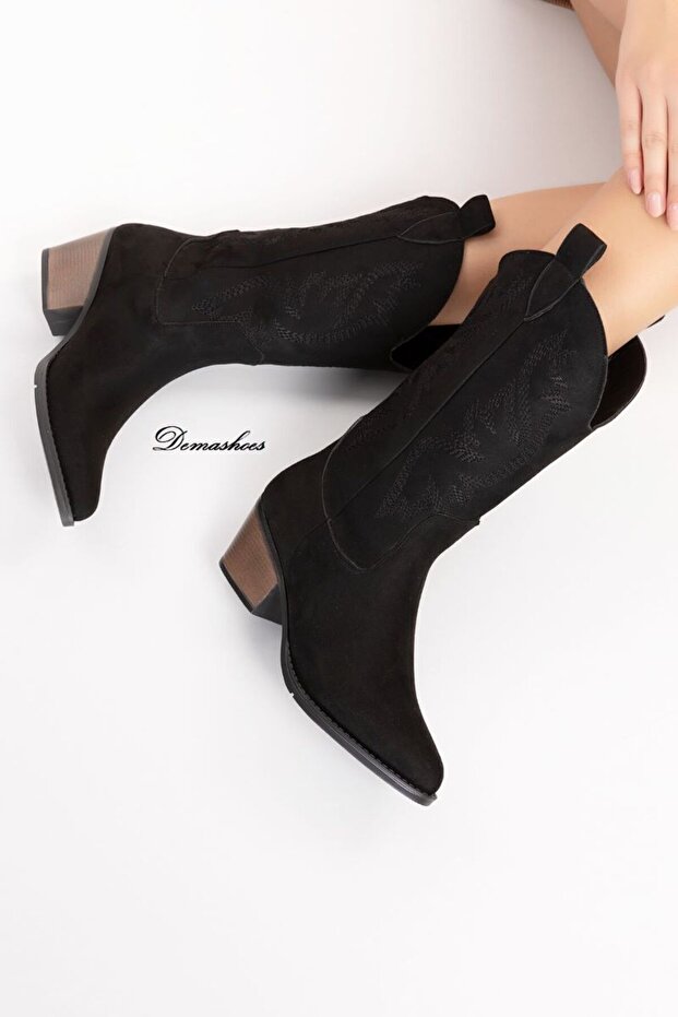 Black Suede Long Embroidered Women's Cowboy Boots Heel 5 cm