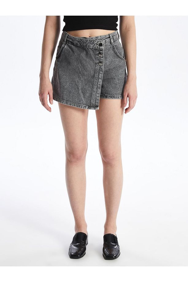 Kadın Standart Fit Düz Jean Şort Etek - 4