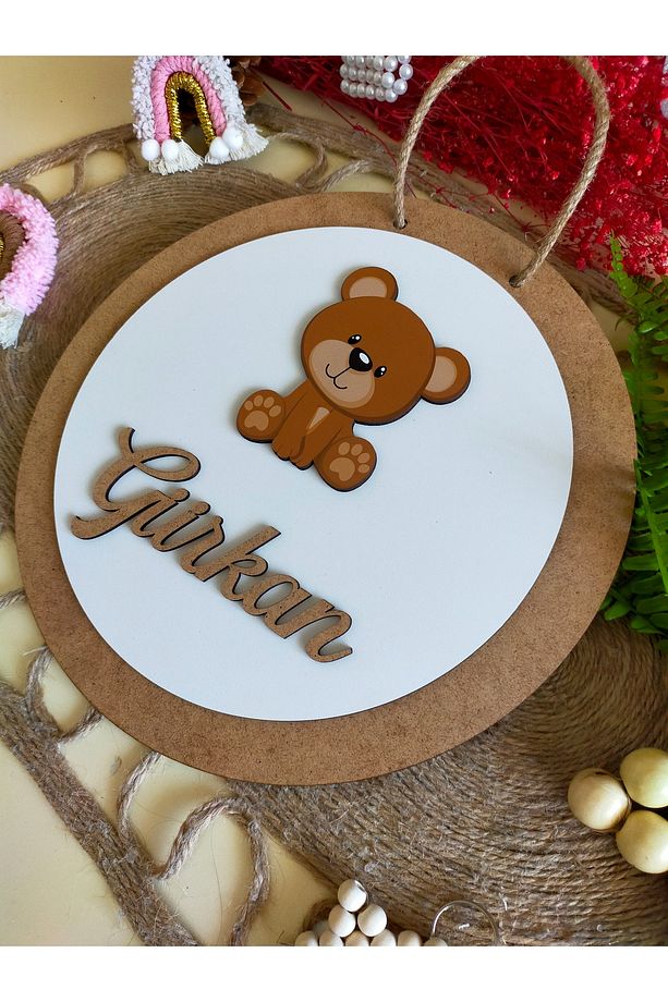 Safari Serisi Ayıcık Aslan Zürafa  30 cm Ahşap Çocuk ve Bebek Odası İsimli Kapı Süsü - 4