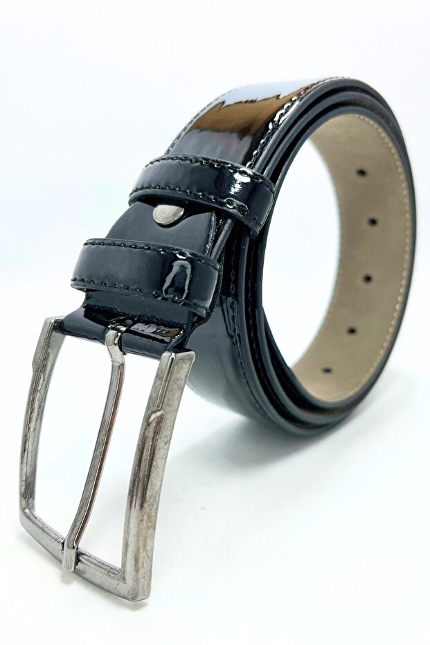 3.5 cm Classic Stitched Patent Leather Black Vegan Leather Men's Belt