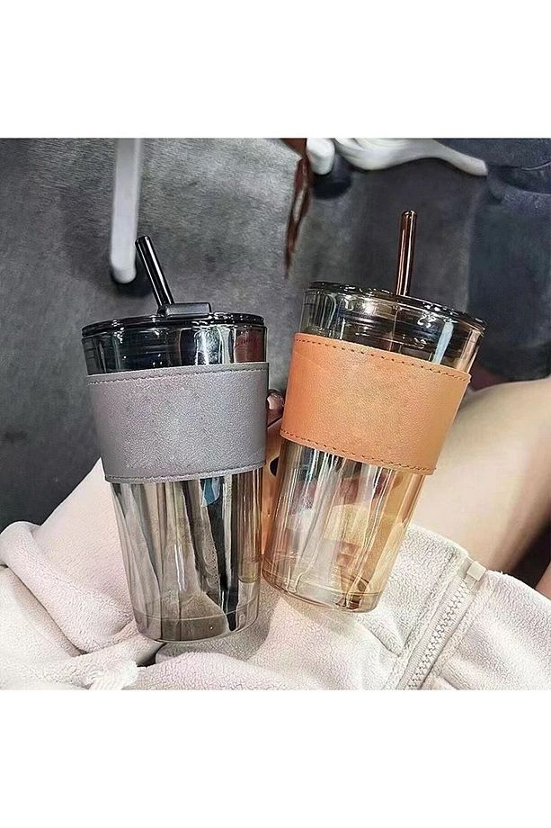 450ml Isıya Dayanıklı Pipetli Borosilikat Retro Deri Şeritli Bardak | Kahve Sunum Bardağı - 1 Adet - 3