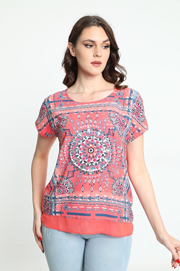 Women's Patterned Blouse with Tulle Detail on the Hem 5010036 Coral