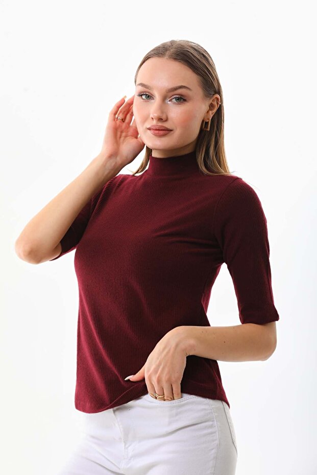 Women's Half Sleeve Turtleneck Blouse 20623 Claret Red