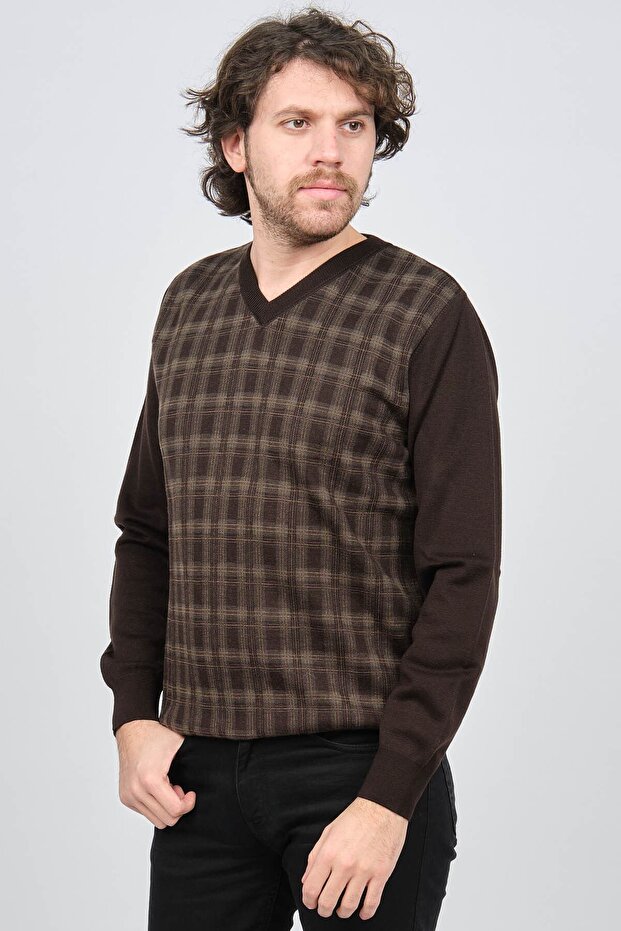 Men's V-Neck Patterned Wool Sweater 0245532 Brown