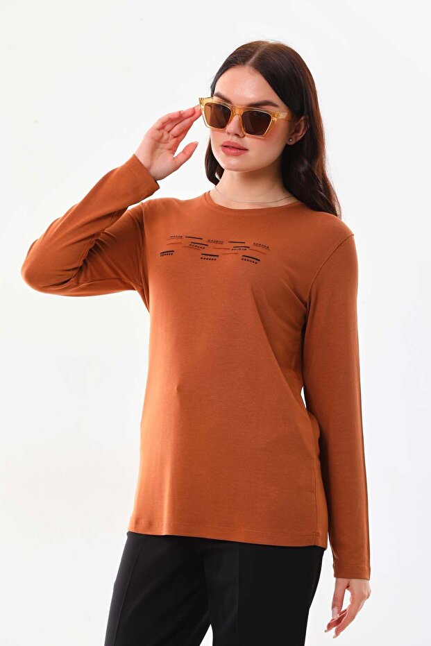 Women's Stone Decoration Detailed Long Sleeve Blouse 23567 Camel