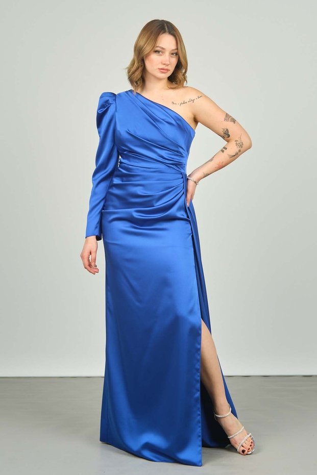 Women's One Sleeve and Shoulder Detailed Sweep Train Long Evening Dress 0472 Cobalt Blue