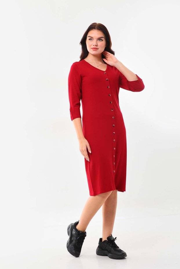 Women's V-Neck Button Detailed Dress 22445 Claret Red