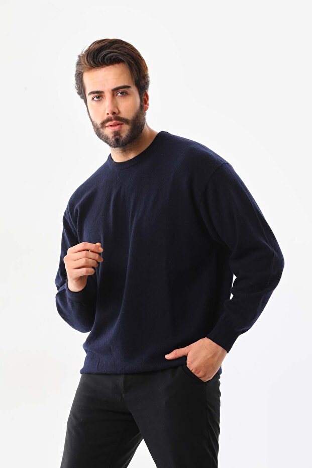 Sanfa Men's Crew Neck Pure Wool Sweater 4114 Navy Blue