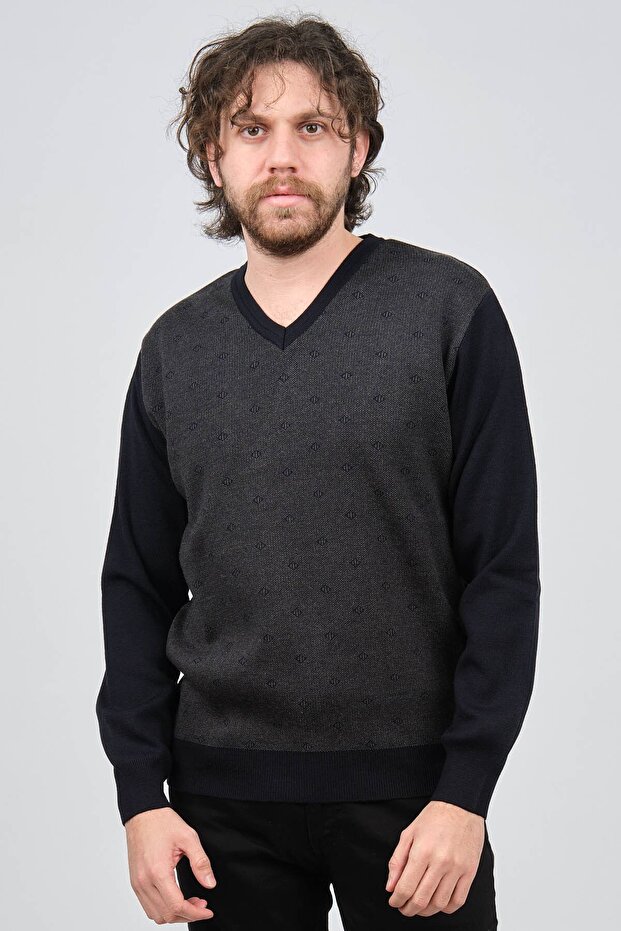 Men's V-Neck Patterned Wool Sweater 6091746 Navy Blue