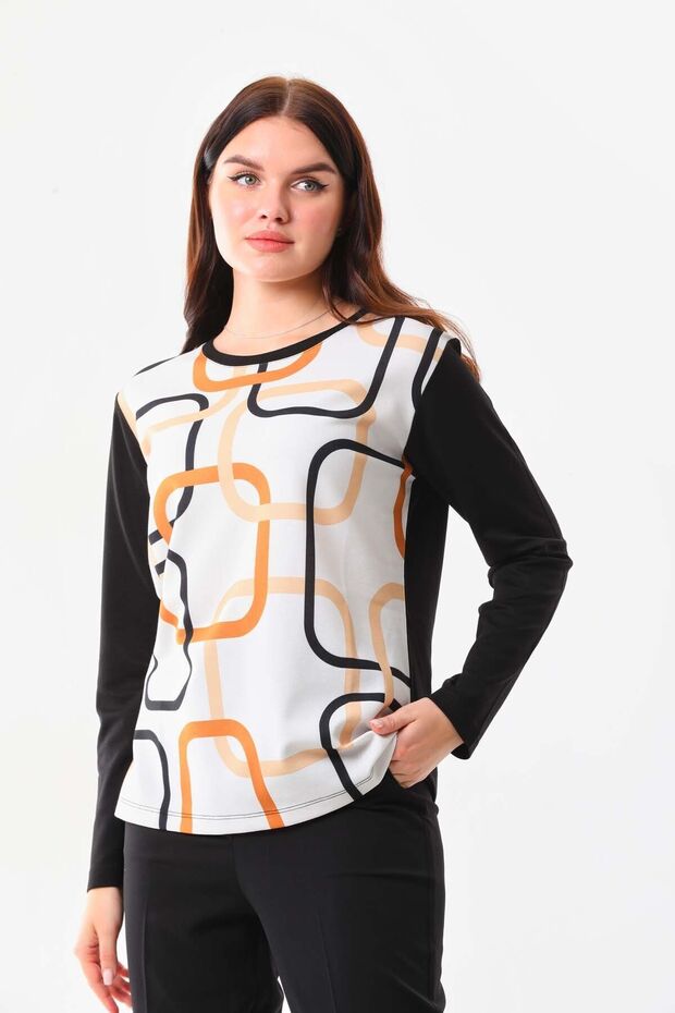 Women's Patterned Crew Neck Long Sleeve Blouse 22788 Black