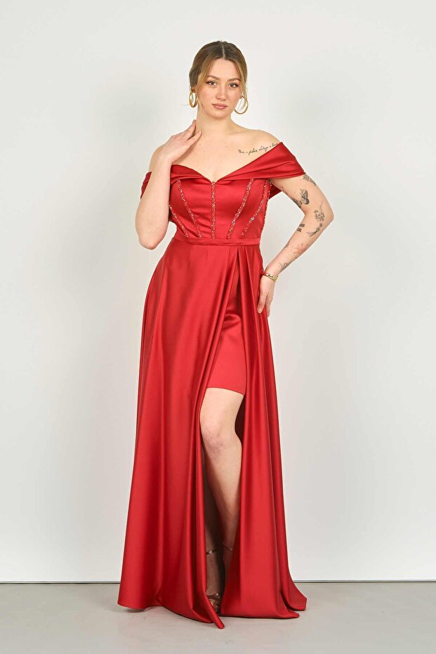 Women's Low Sleeve Corsage Flared Long Evening Dress 3475 Red