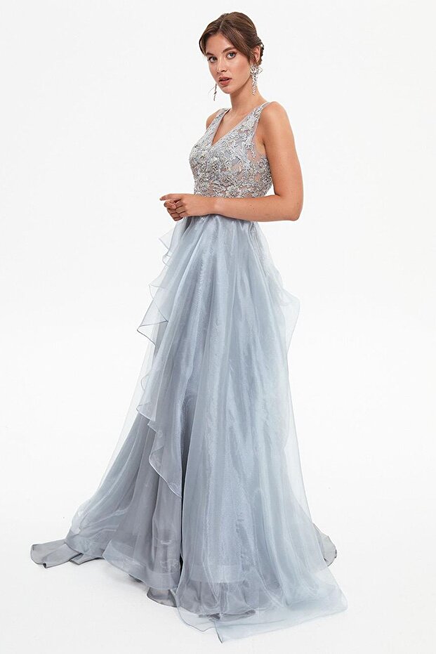 Women's Deep Back Decollete Layered Evening Dress 260560 Gray